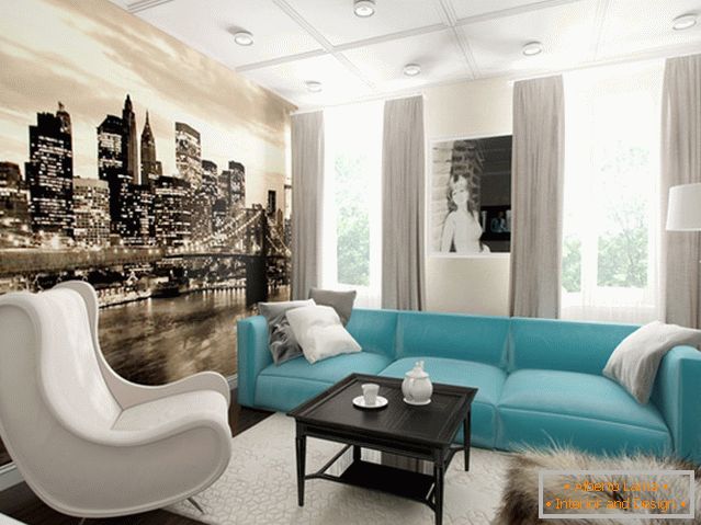 Design confortable de l'appartement dans une palette de couleurs calme