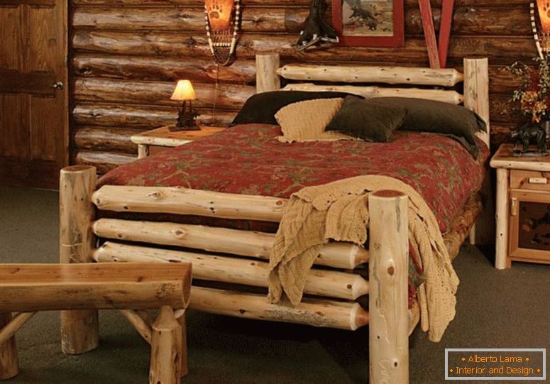 pays-rustique-pays-rustique-dans-le-style-utilise-naturel-arbres-de-bois-look-bed-bed-et-banc-aussi-table de chevet-et-mur-intérieur-décoration