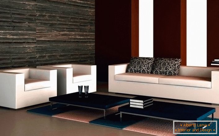 Projet de design du salon dans un style high-tech. Un canapé laconique avec deux fauteuils semble harmonieusement dans un style minimaliste. 