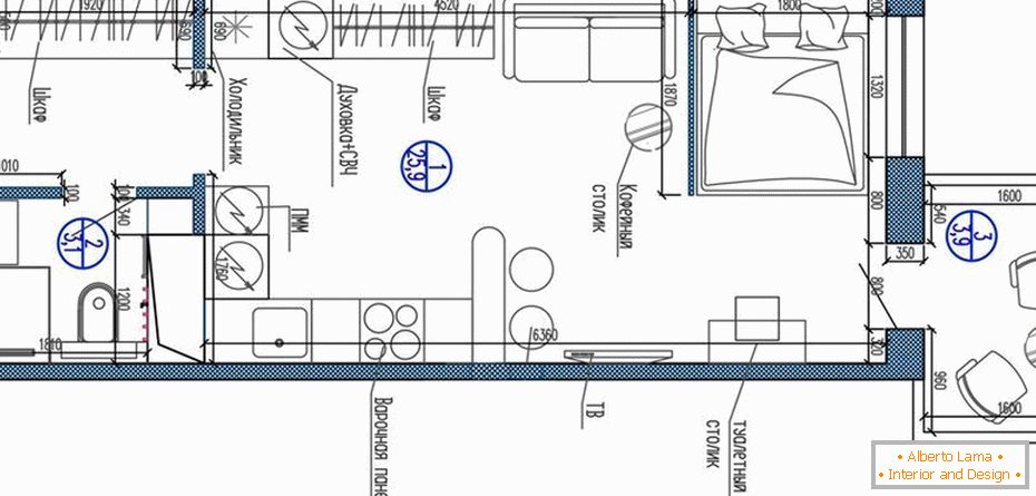 Plan appartement-studio de 25 à 30 mètres carrés. m.