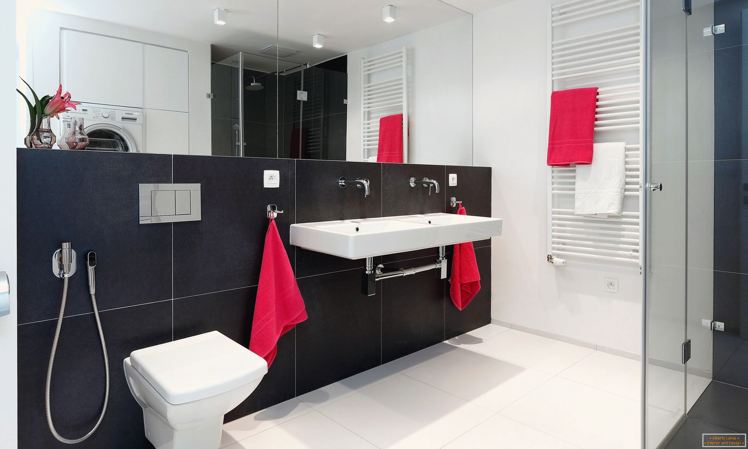 Rouge, blanc et noir dans le design de la salle de bain