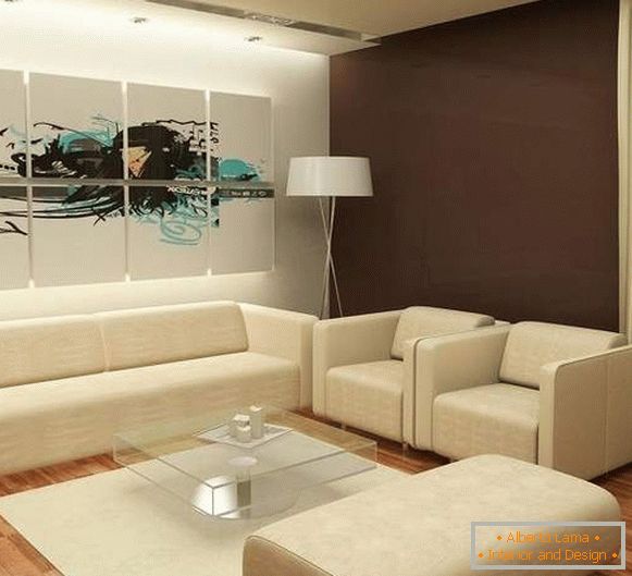 Conception d'un salon moderne dans une maison privée avec des meubles rembourrés blancs