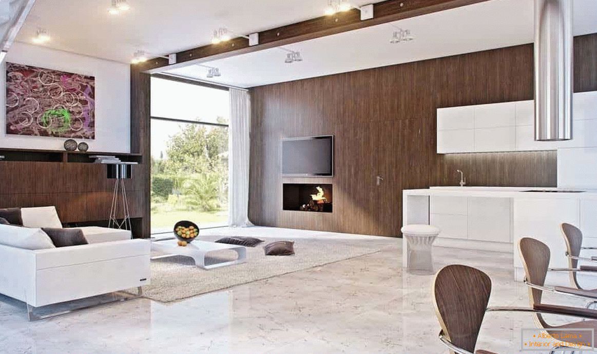 Le salon peut être décoré dans un style moderne et dans une maison en bois