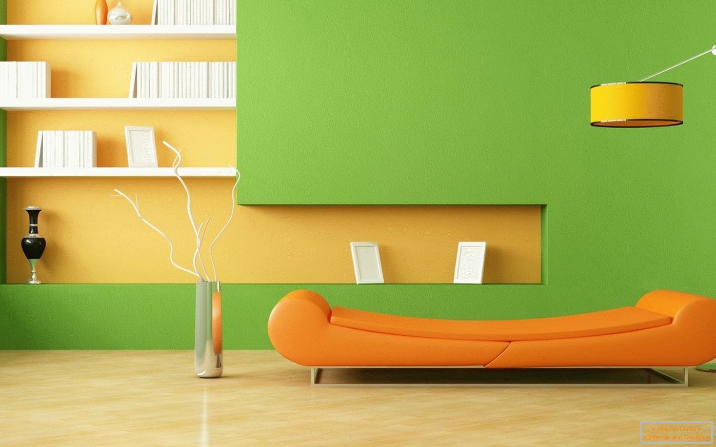 Canapé orange et murs verts