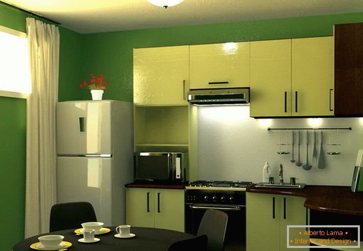 Le vert est la couleur de la tranquillité et de l'harmonie. Coin cuisine de 9 m² dans cette palette de couleurs - une excellente solution pour la conception de tout appartement en ville.