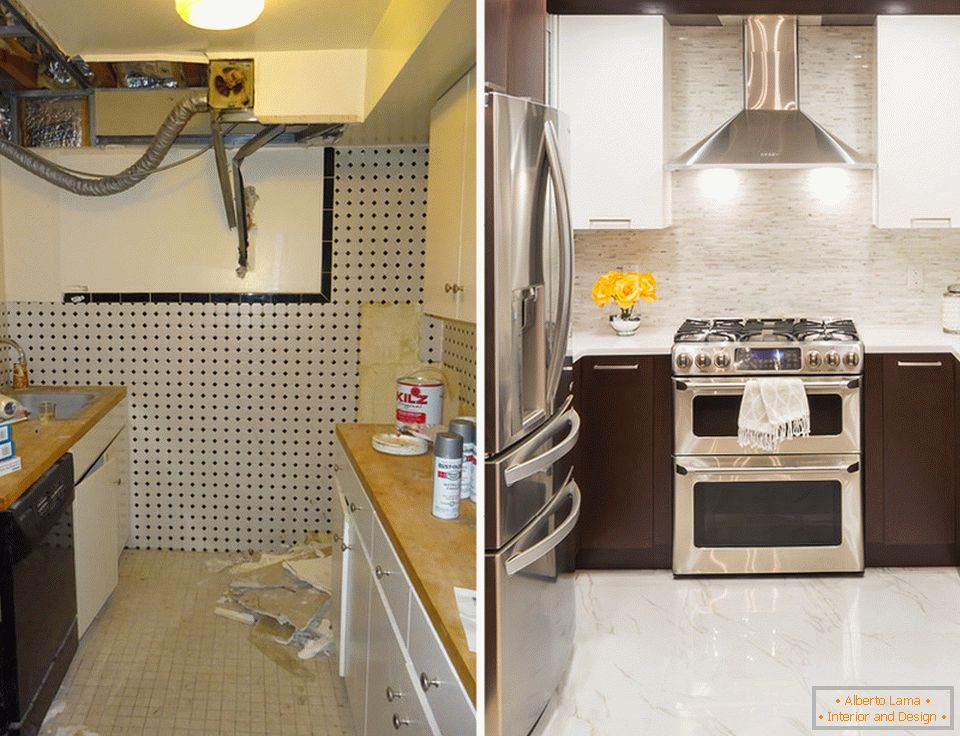 Design d'intérieur de petite cuisine avant et après réparation