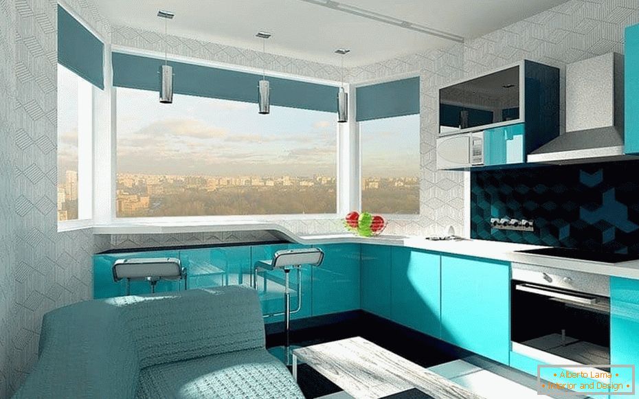 Design de cuisine design dans une baie de couleur avec une baie vitrée avec un comptoir de bar à la fenêtre