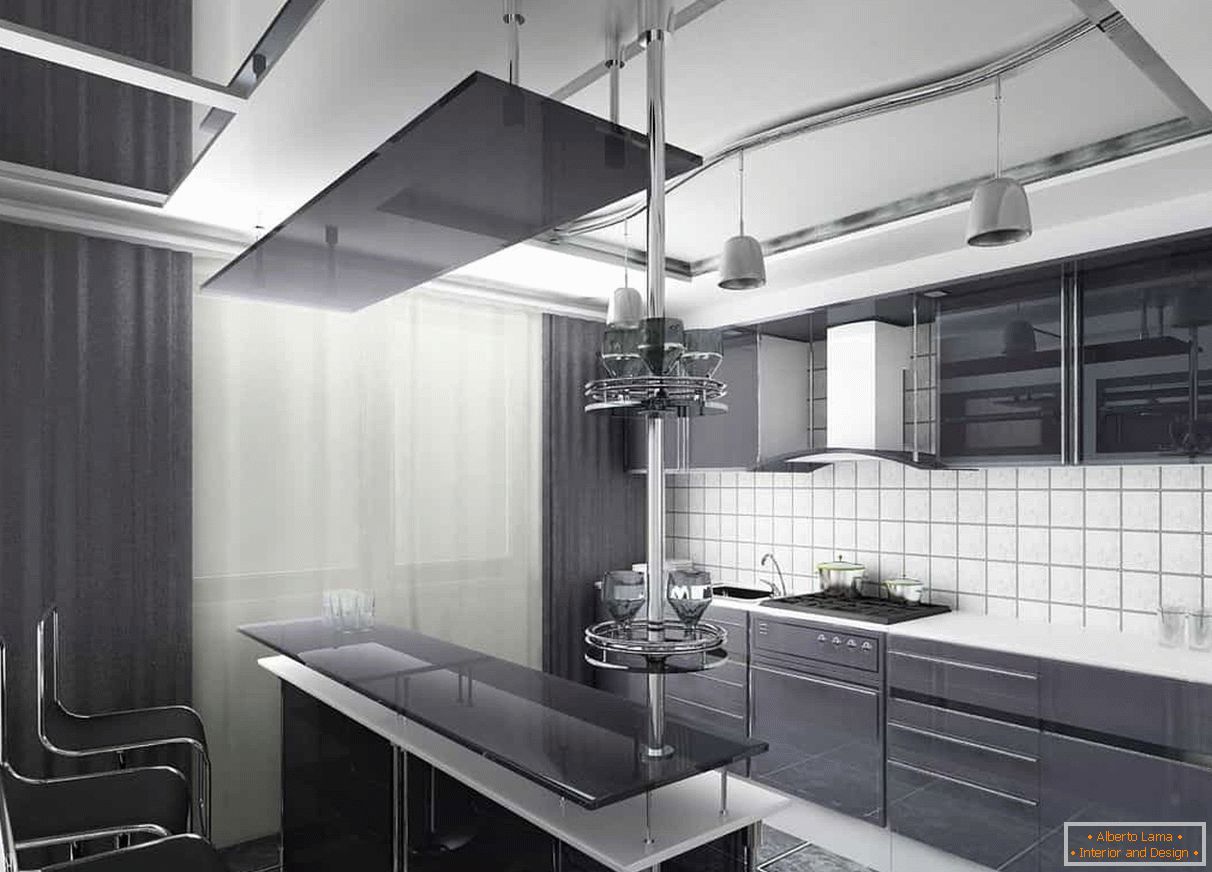 Rideaux sombres et une façade sombre de la cuisine combinés avec un tablier et un plafond blancs
