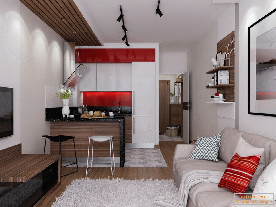 Appartement design 30 m2. m avec des accents rouges