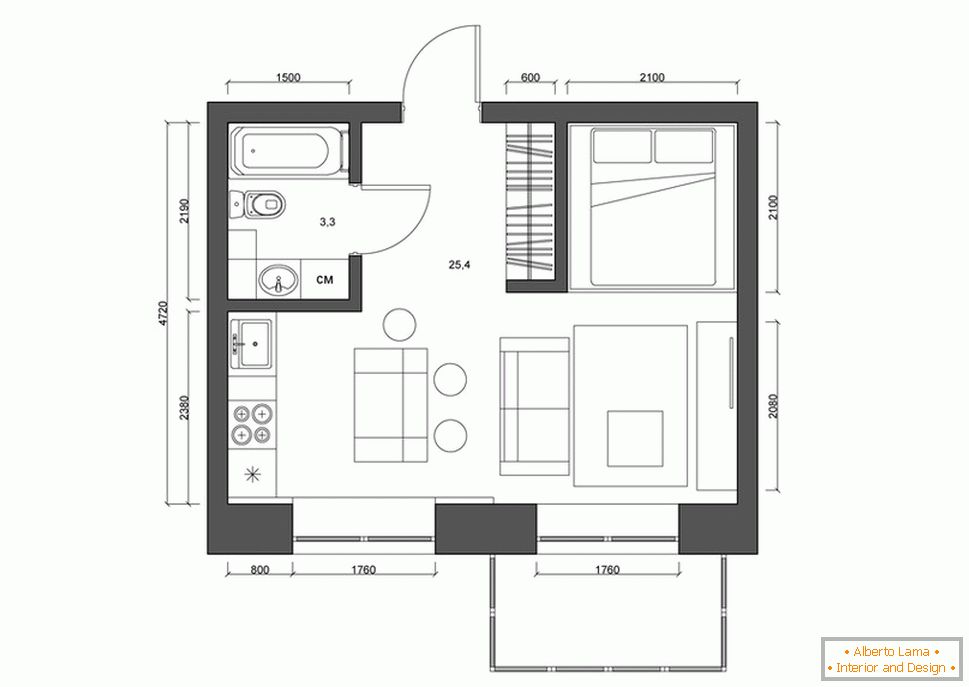 Disposition de l'appartement de 30 mètres carrés. m en noir et blanc