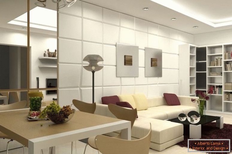 inspirant-moderne-salle à manger-et-salon-design-pour-petit-appartement-avec-beige-simili-cuir-sofa-sectionnel et-noir-verre-table-café sur-rose-brun-tapis-comme- coin-comme-cool-coin-étagères en bois-1120x7