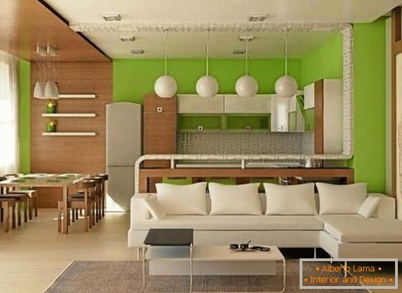 Projet de design de studio de 25 m² dans les tons blanc, vert et marron
