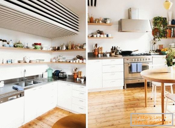Design de cuisine scandinave à Khrouchtchev - sur la photo avec des étagères ouvertes