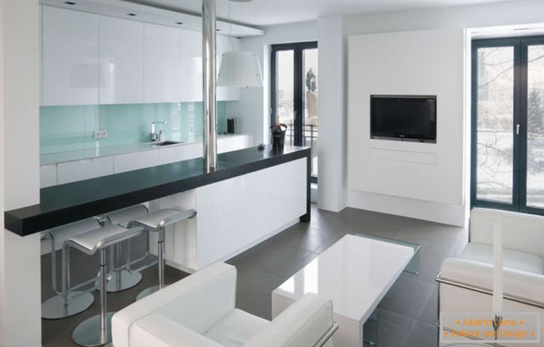 chambres-simple-studio-appartement-design-idée-de-salon-avec-blanc-canapé-avec-blanc-table-gris-carrelage-et-porte-verre-avec-noir-cadre-élégant- studio-appartement-design-idées