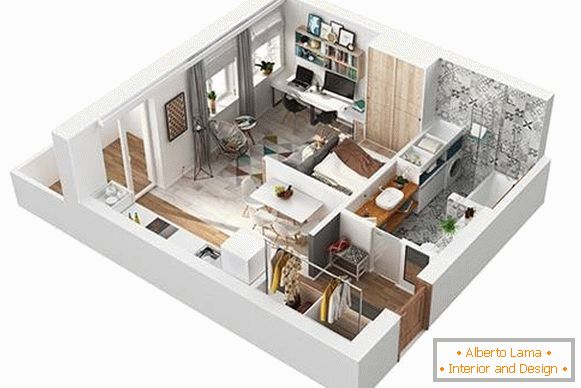 Plan 3D projet d'un appartement d'une pièce de 40 m²