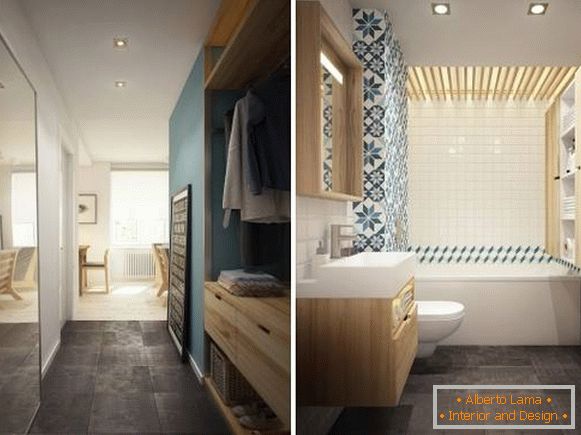 Photo d'un hall d'entrée et d'une salle de bain dans le design d'un appartement de 40 m²
