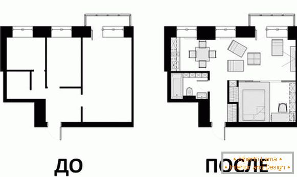 Design appartement design 40 m² - dessin avant et après