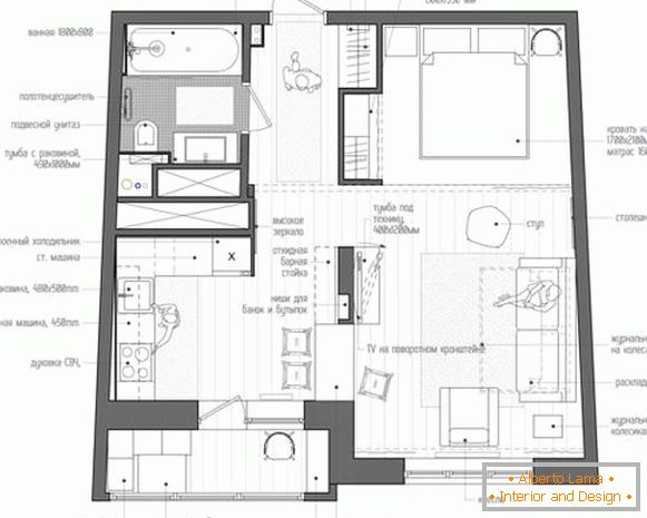 Projet de design photo d'un appartement d'une pièce de 40 m²