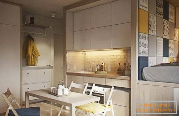 Design à la mode d'un appartement d'une pièce de 40 m² - photo de la cuisine et de la chambre