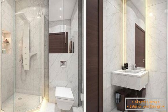 Salle de bain en marbre dans le design d'un appartement 1 pièce