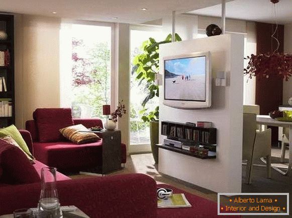 Design d'un appartement d'une pièce - divisé en deux zones par une cloison avec TV
