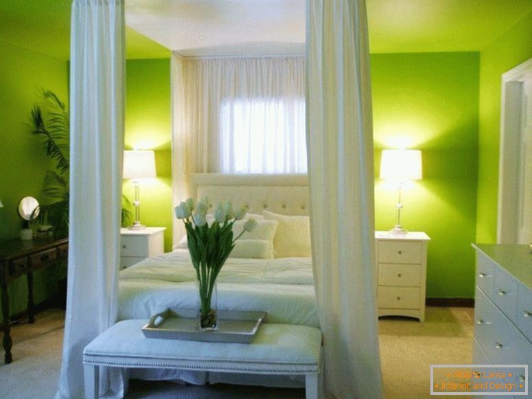 Éclairage в спальне зеленого цвета