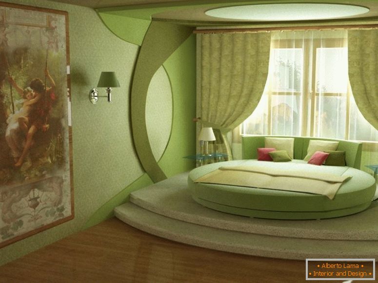 Chambre verte avec lit rond