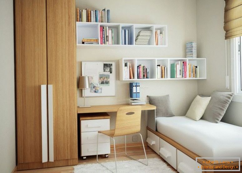 minimaliste-petit-appartement-design-avec-brun-bois-placard-près-de-bureau-et-blanc-bois-flottant-étagère-attaché-au-mur-blanc-aussi-brun-bois-simple-lit cadre-cadre-blanc-bois-3-coulissant dr