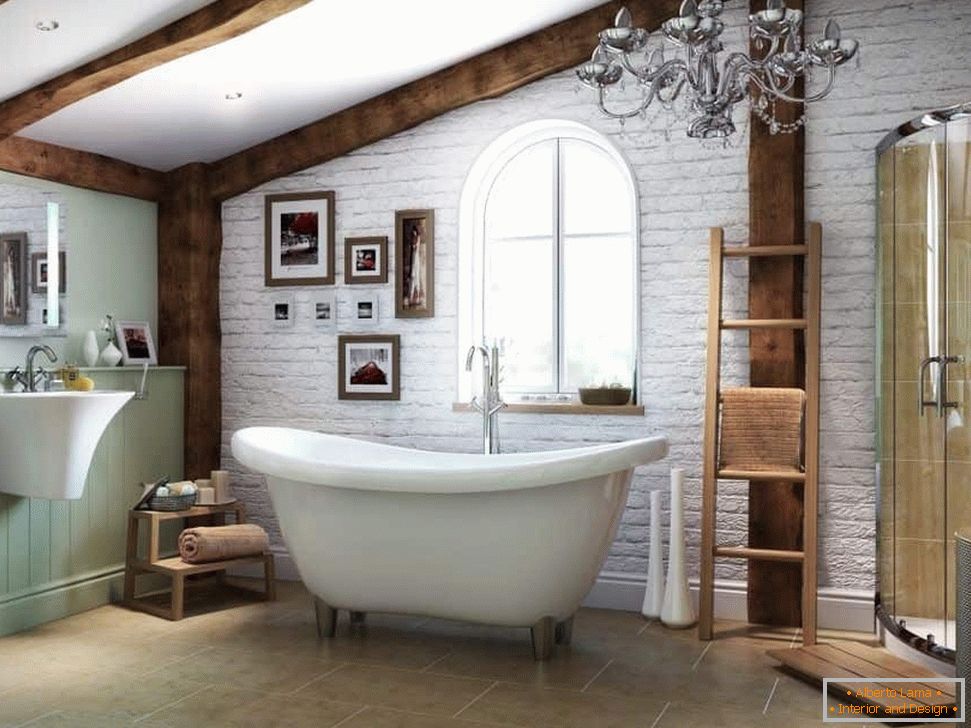 Salle de bain avec poutres apparentes et briques blanches