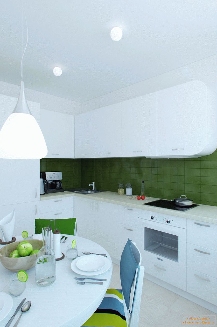 Design d'intérieur de cuisine aux couleurs blanc et vert