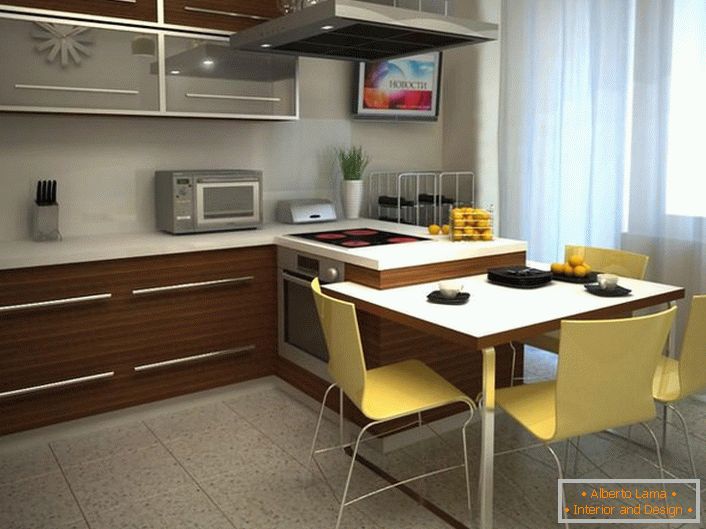 Projet de conception d'une cuisine de 12 mètres carrés. La variante de meuble correctement choisie permet de gagner de la place.