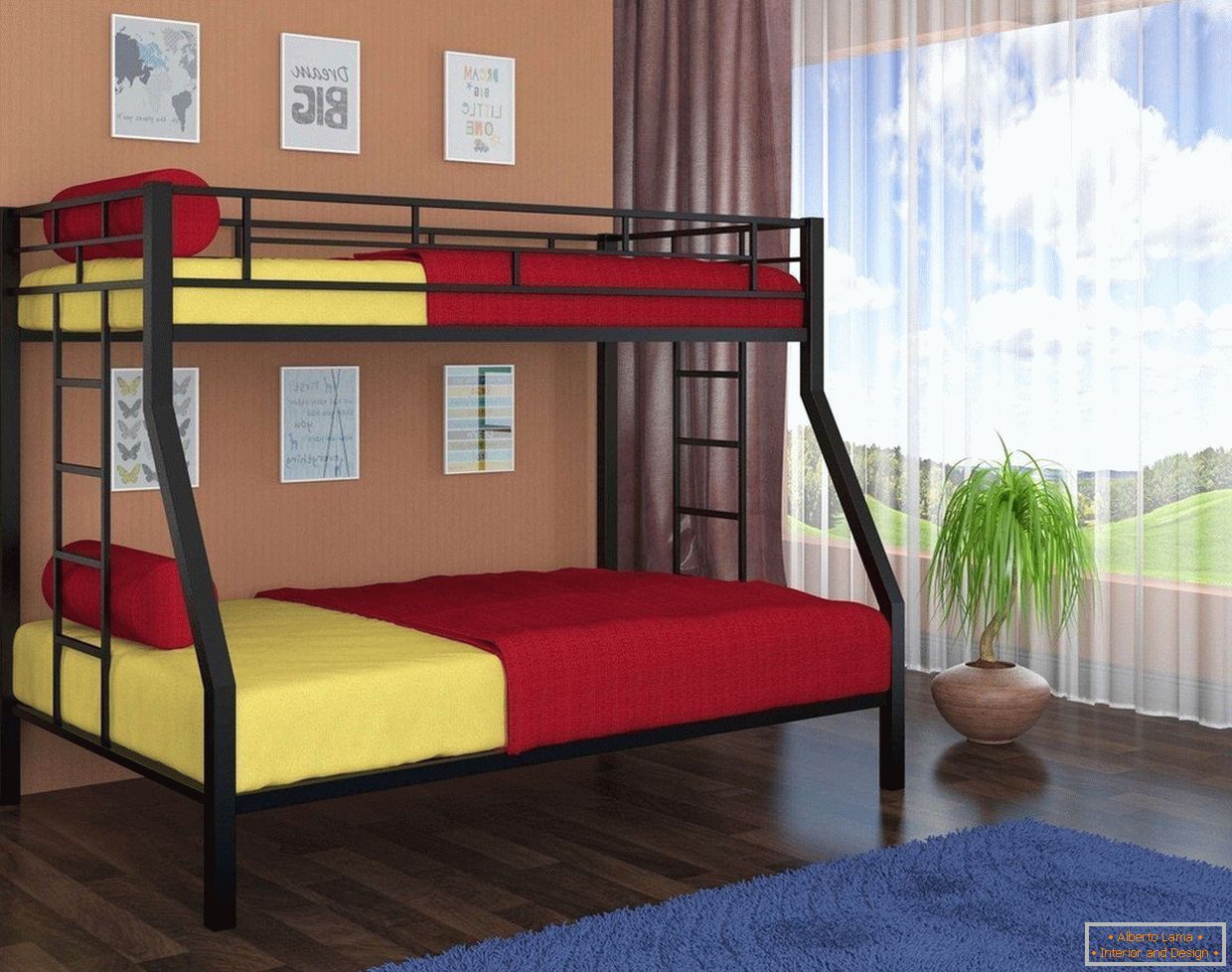Linge de lit jaune et rouge dans un lit superposé