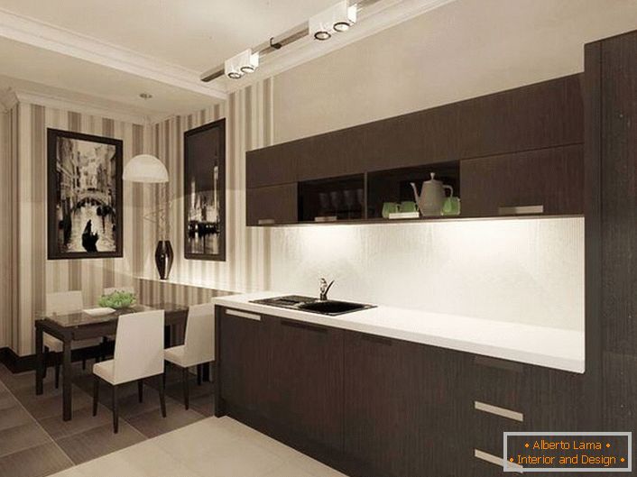 Une petite cuisine est correctement décorée à l'aide d'un casque de couleur wengé. Le minimum de meubles rend le mobilier élégant et moderne.