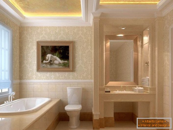 Le moulage en stuc est un élément harmonieux de l'intérieur dans le style Art Nouveau. Les plafonds à deux niveaux sont équipés d'un éclairage correct. La bande LED, émettant une lumière jaune chaude, rend l'atmosphère dans la salle de bain romantique.