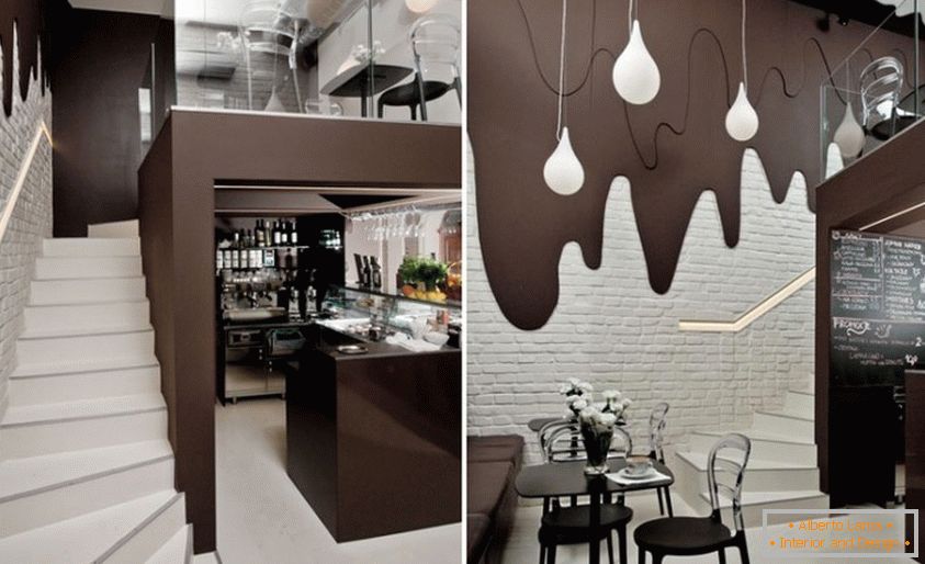 Café intérieur avec des murs de chocolat avec des taches