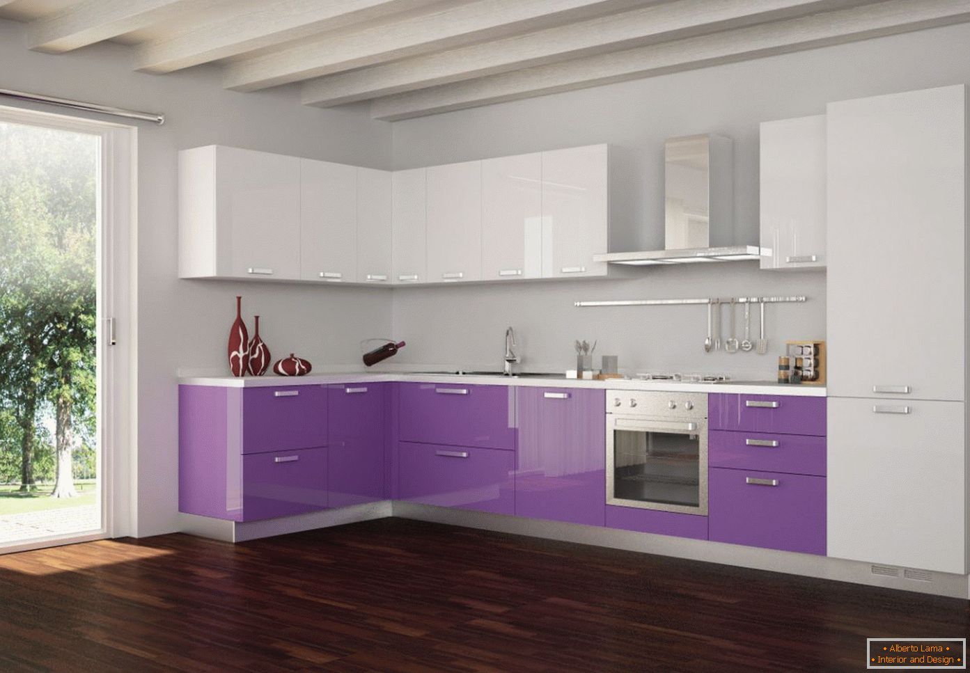 Violet et blanc dans la conception de la cuisine