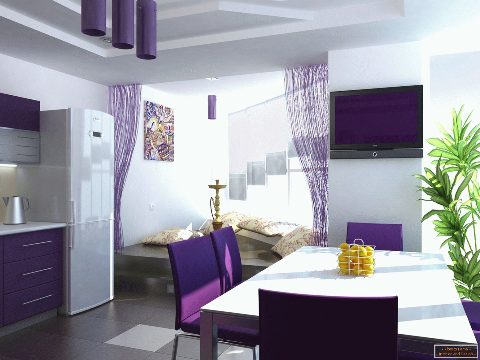 Rideaux violettes dans la cuisine