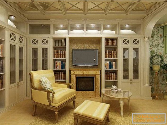 Chambre lumineuse dans un style champêtre avec un éclairage correctement sélectionné. A l'intérieur, dans les meilleures traditions du pays, des éléments de décoration en bois sont utilisés.