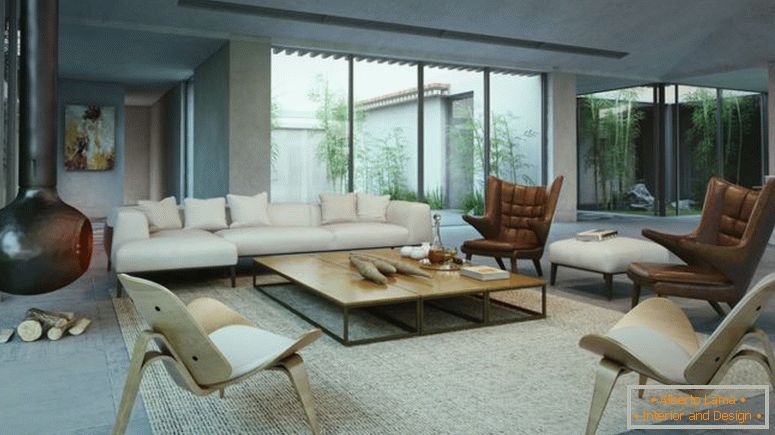canapé-style moderne avec table en bois-café-aussi-chaise-aile brune aussi-cheminée