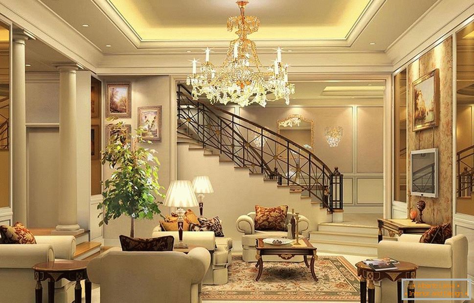 Salon de style classique avec escalier