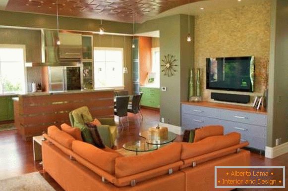 Intérieur vert orange de la cuisine du salon dans une maison privée