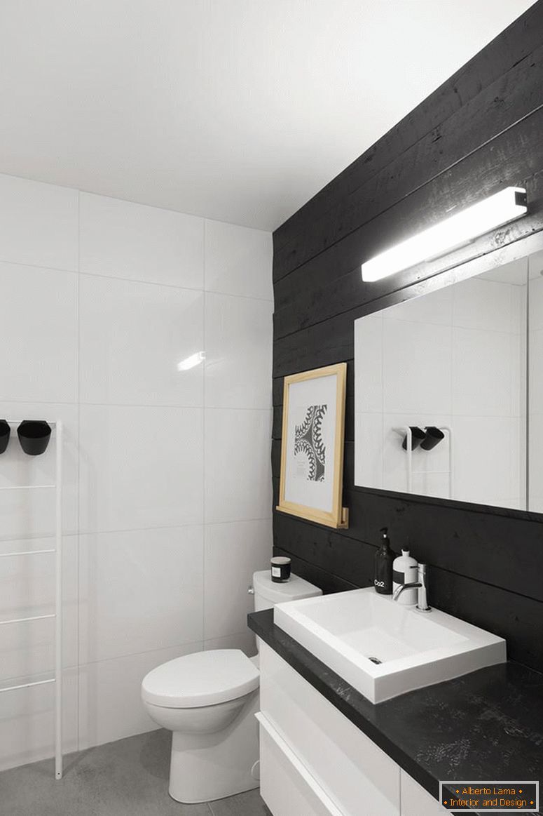 Intérieur d'une petite salle de bain en noir et blanc