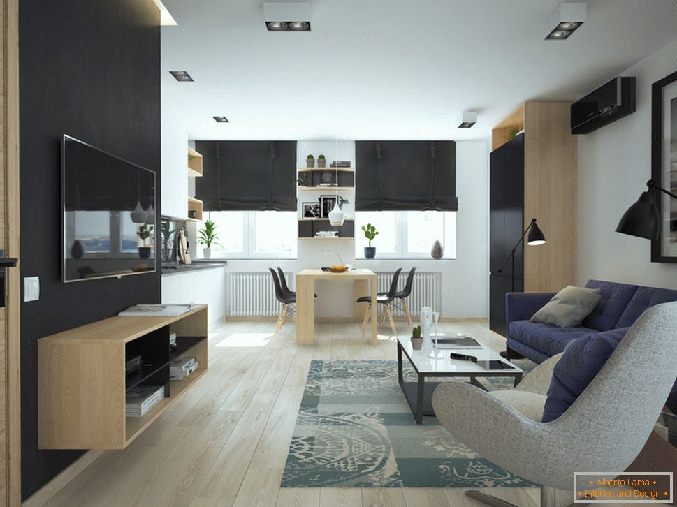 Intérieur d'un petit appartement aux couleurs contrastées - гостиная и столовая