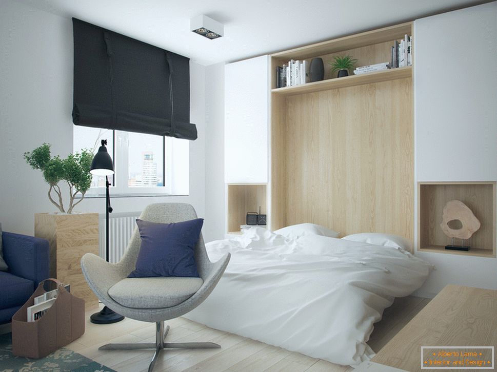 Intérieur d'un petit appartement aux couleurs contrastées - спальня