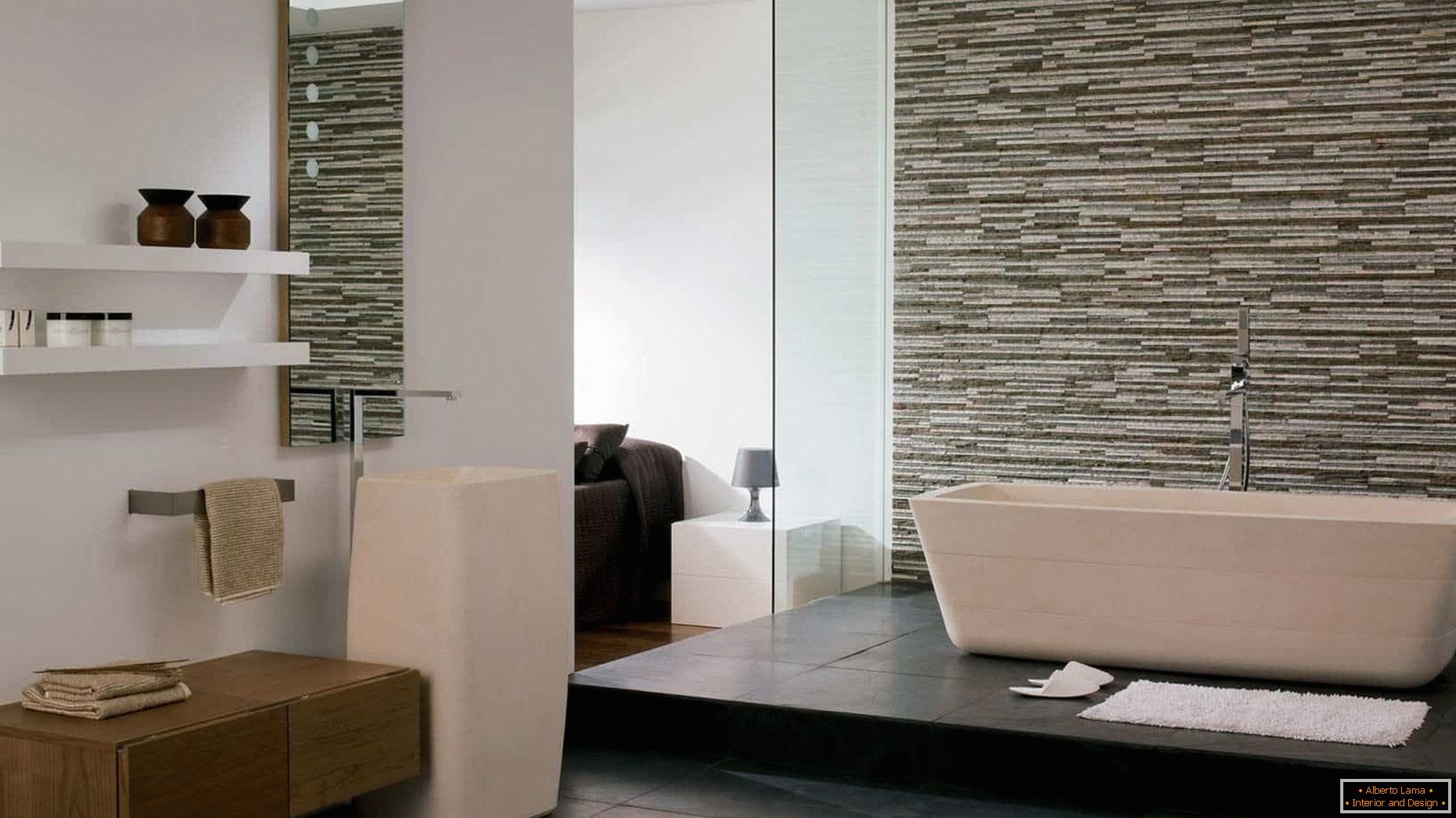 Salle de bain avec un mur de pierre