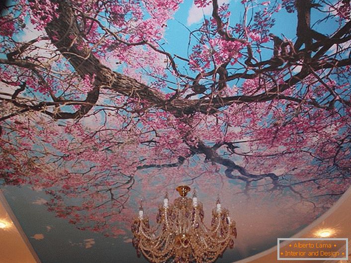 La floraison des cerisiers est souvent utilisée par les designers modernes pour décorer les plafonds. La solution actuelle pour l'enregistrement d'une chambre ou d'une salle.