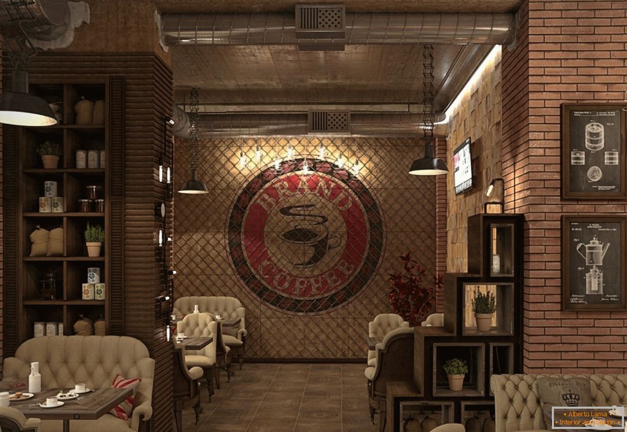 Café intérieur de style loft в кирпичном цвете