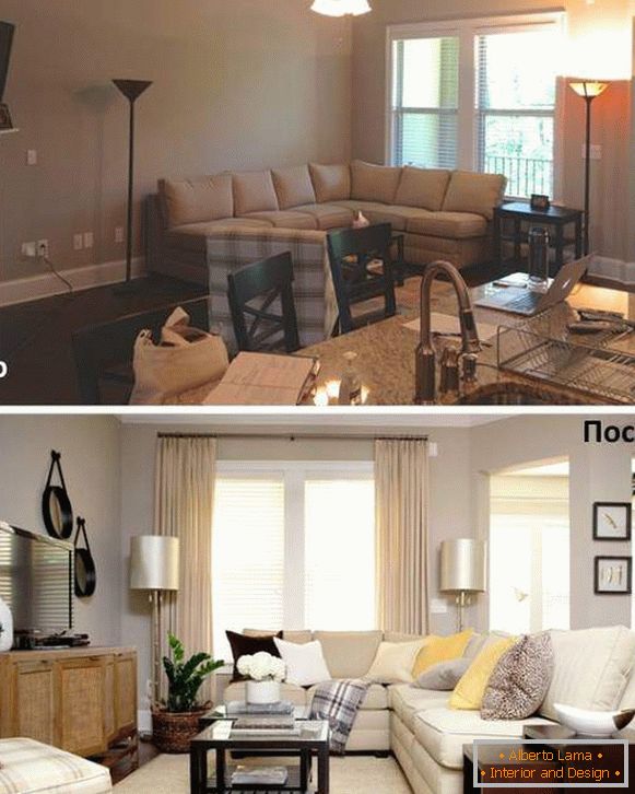 Variantes de la disposition des meubles dans un salon sur une photo avant et après