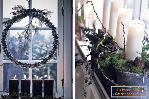 Décoration de Noël des fenêtres - photo avec des matériaux naturels