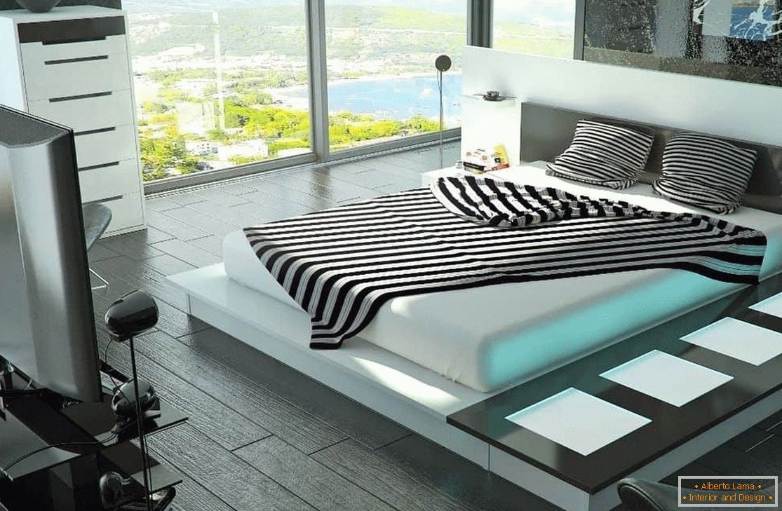 Chambre avec un grand lit avec éclairage high-tech